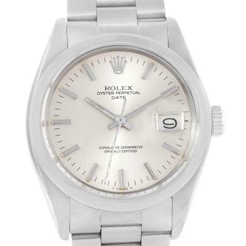 This is a front view of the Rolex Vintage Collection 1500 Men's Stainless Steel Silver Dial 1500 Men's Stainless Steel Silver Dial watch showing the dial, hands, crown, and part of the bracelet.