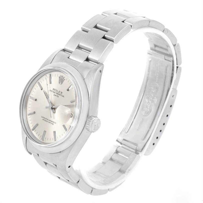 The image shows a Rolex Vintage Collection 1500 Men's Stainless Steel Silver Dial 1500 Men's Stainless Steel Silver Dial model watch at a slightly turned angle, highlighting the face, bezel, crown, and bracelet.