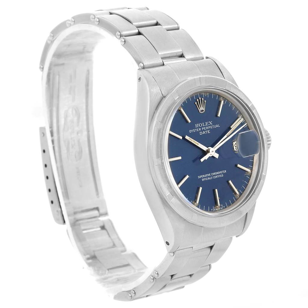 The Rolex Vintage Collection 1501 Men's Stainless Steel Blue Dial 1501 Men's Stainless Steel Blue Dial model is shown from an angled side view, highlighting the bracelet, case, and blue dial.