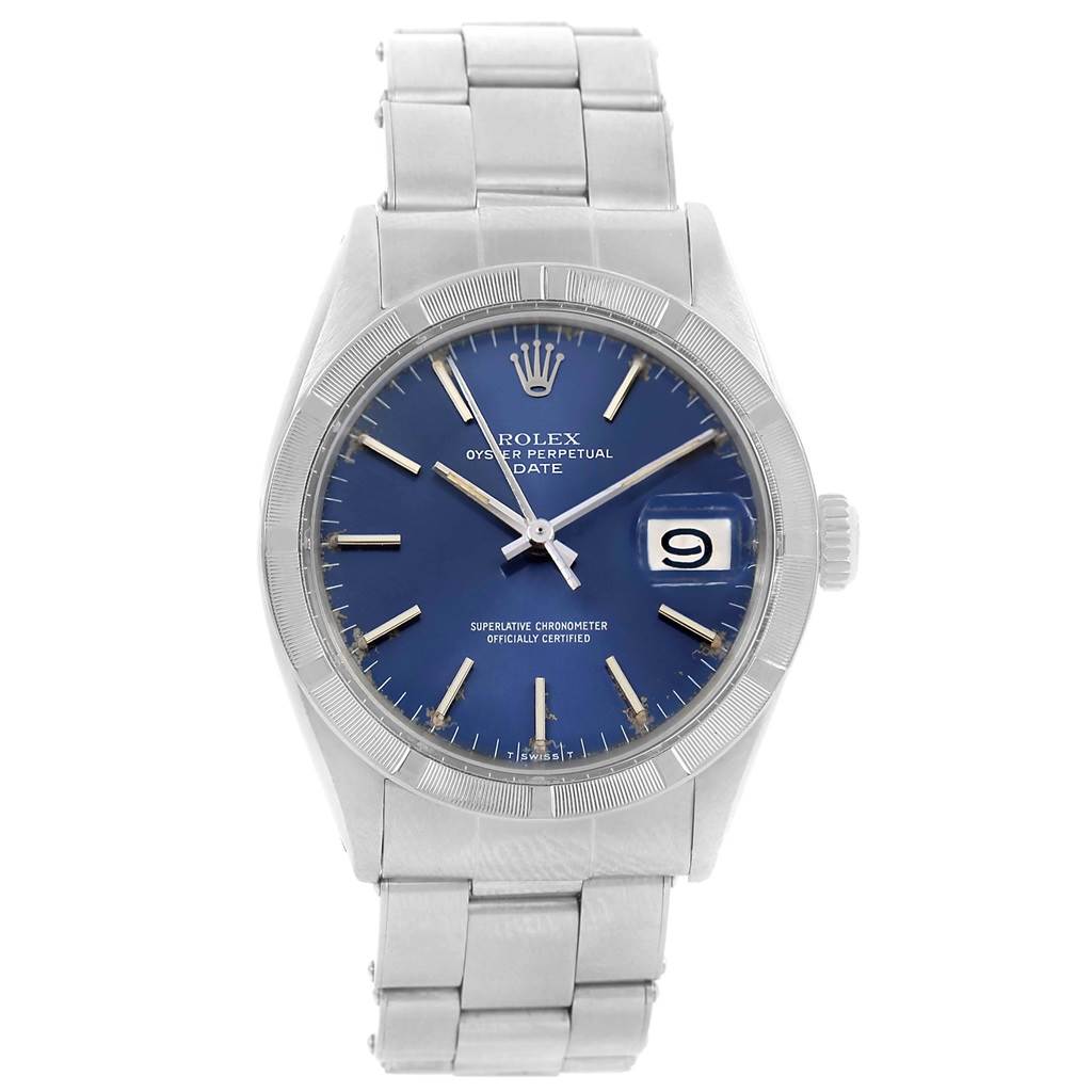 The image shows a front view of a Rolex Vintage Collection 1501 Men's Stainless Steel Blue Dial 1501 Men's Stainless Steel Blue Dial model watch, highlighting its blue dial, bracelet, and date window.