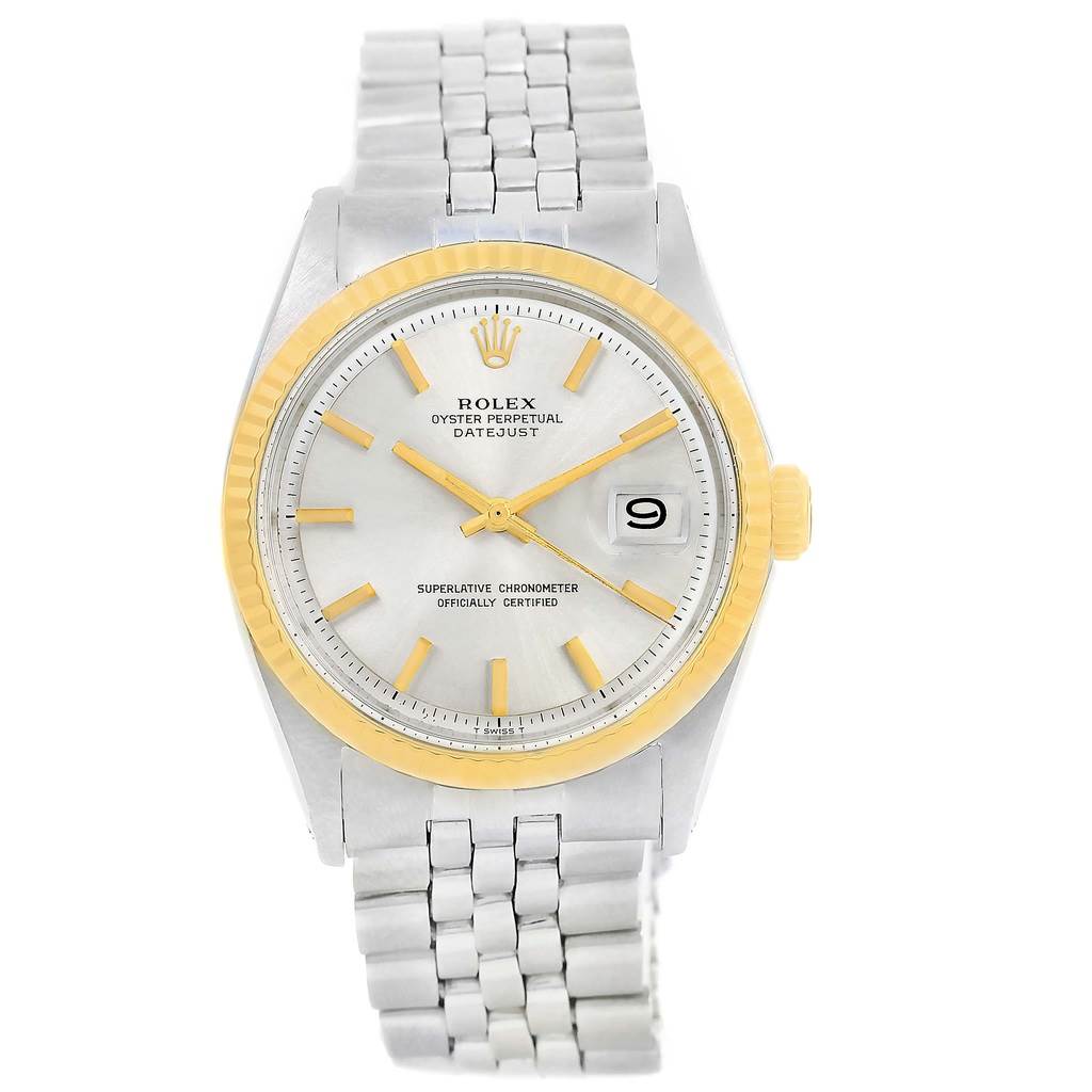 The image shows a front view of a Rolex Vintage Collection 1601 Men's Stainless Steel Silver Dial 1601 Men's Stainless Steel Silver Dial Oyster Perpetual Datejust watch, featuring its dial, bezel, and bracelet.