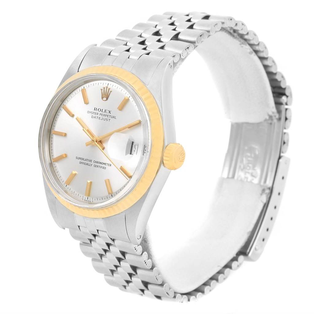 The image shows a side angle of a Rolex Vintage Collection 1601 Men's Stainless Steel Silver Dial 1601 Men's Stainless Steel Silver Dial Oyster Perpetual Datejust, highlighting the face, bezel, and bracelet.