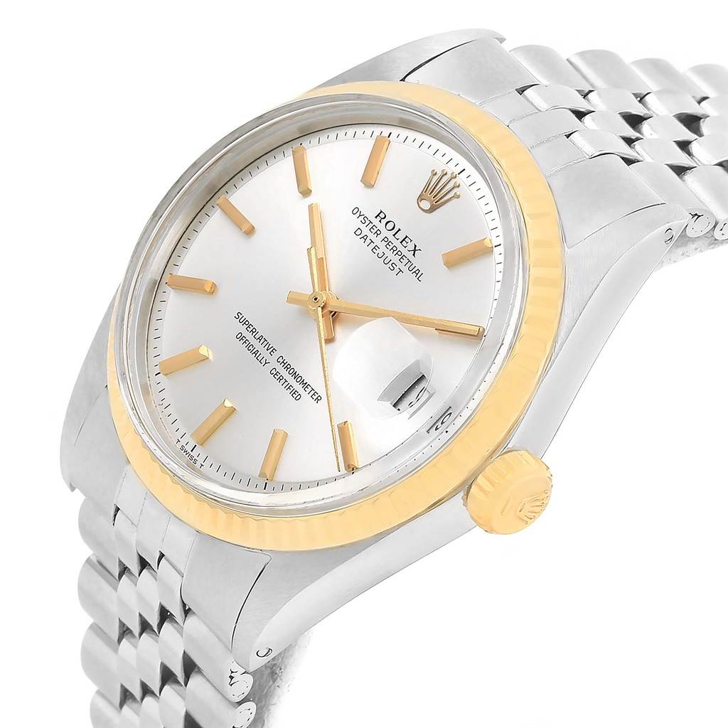 The image shows a side angle of the Rolex Vintage Collection 1601 Men's Stainless Steel Silver Dial 1601 Men's Stainless Steel Silver Dial model, displaying its crown, face, bezel, and part of the bracelet.