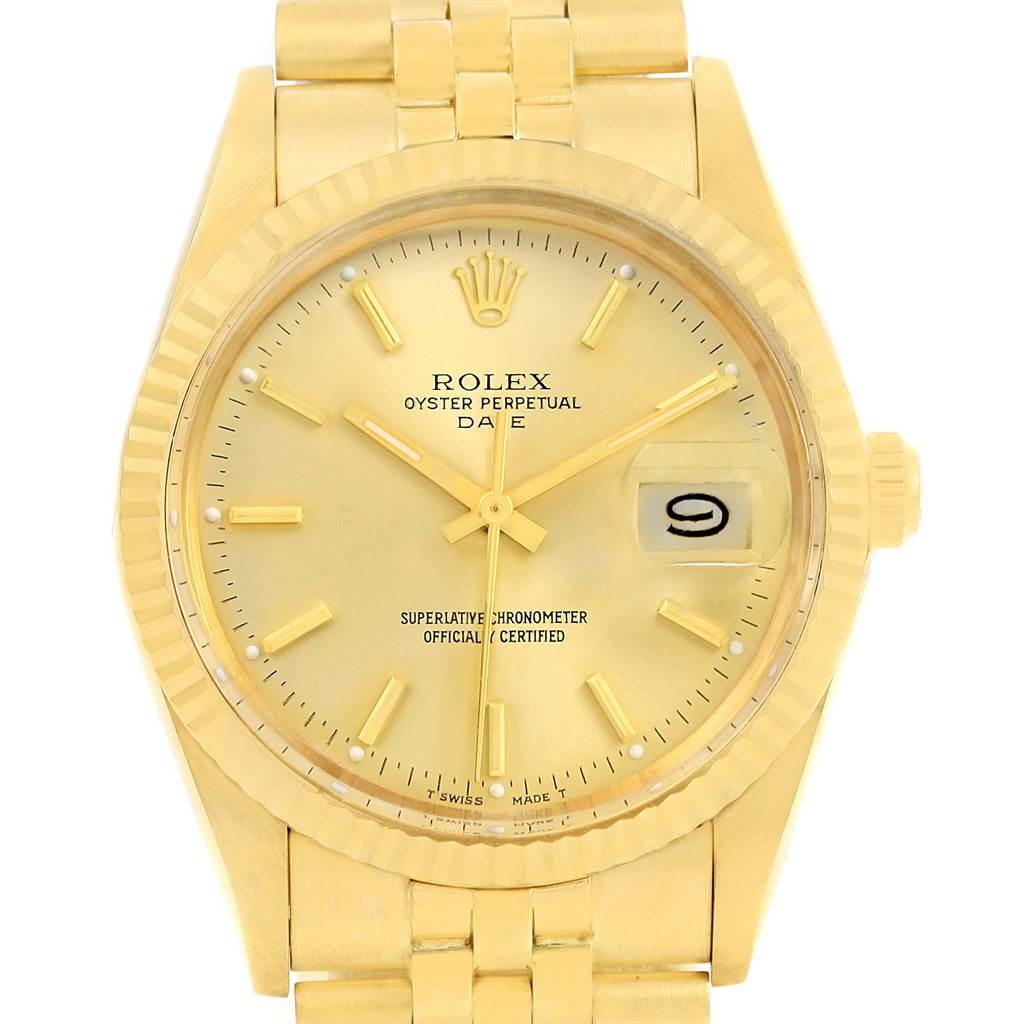 The image shows a front view of the Rolex Vintage Collection 15037 Men's Yellow Gold Champagne Dial 15037 Men's Yellow Gold Champagne Dial Oyster Perpetual Date, displaying the dial, hands, bracelet, and date window.