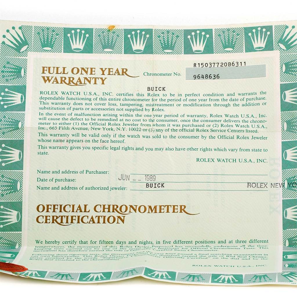 This image shows the warranty certificate for the Vintage Collection model by Rolex.