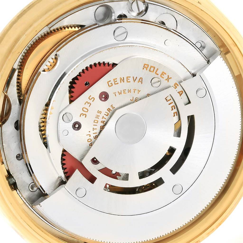 This image shows the intricate internal mechanism of the Rolex Vintage Collection 15037 Men's Yellow Gold Champagne Dial 15037 Men's Yellow Gold Champagne Dial model, viewed from the back angle.