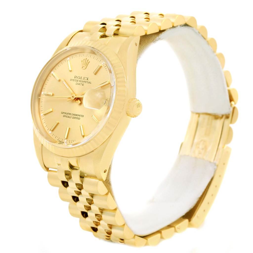 The Rolex Vintage Collection 15037 Men's Yellow Gold Champagne Dial 15037 Men's Yellow Gold Champagne Dial model is shown at an oblique angle, highlighting the gold dial, bracelet, and crown.