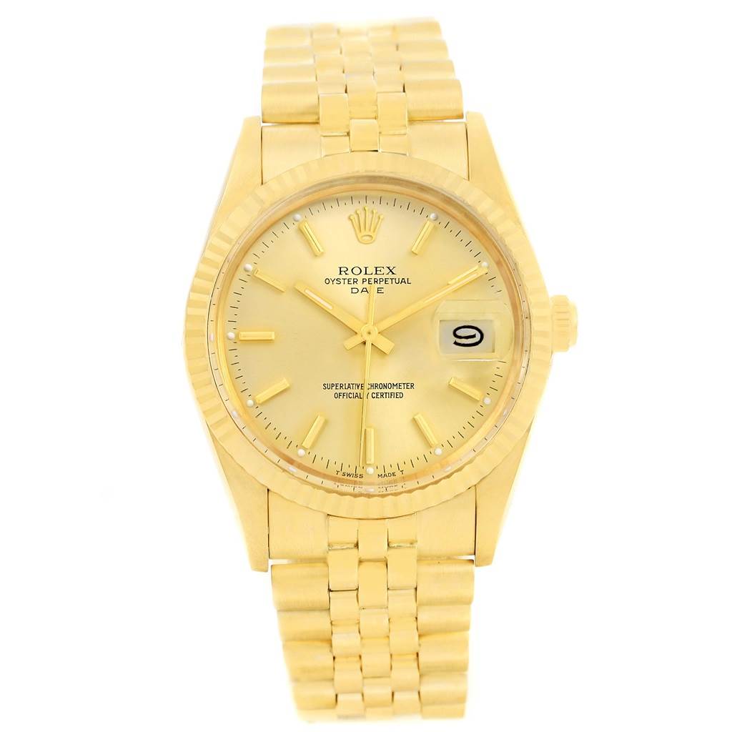 This image shows a front view of the Rolex Vintage Collection 15037 Men's Yellow Gold Champagne Dial 15037 Men's Yellow Gold Champagne Dial model, highlighting the dial, hands, date window, and bracelet.