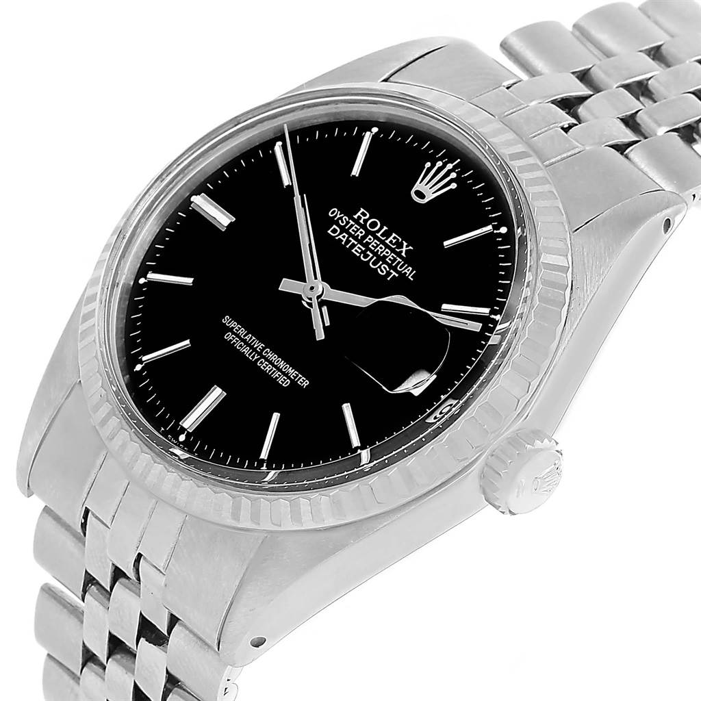 The image shows a Rolex Vintage Collection 1601 Men's Stainless Steel Black Dial 1601 Men's Stainless Steel Black Dial model watch from a three-quarter angle, highlighting its dial, bezel, crown, and bracelet.
