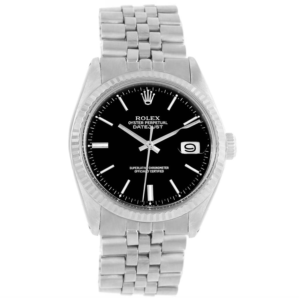 The image shows a Rolex Vintage Collection 1601 Men's Stainless Steel Black Dial 1601 Men's Stainless Steel Black Dial Oyster Perpetual Datejust watch, featuring its face, bracelet, and date window.