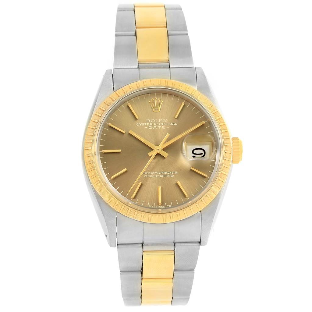 This image shows a top-down view of a Vintage Collection Rolex Oyster Perpetual Date watch, highlighting its dial, bezel, and bracelet.