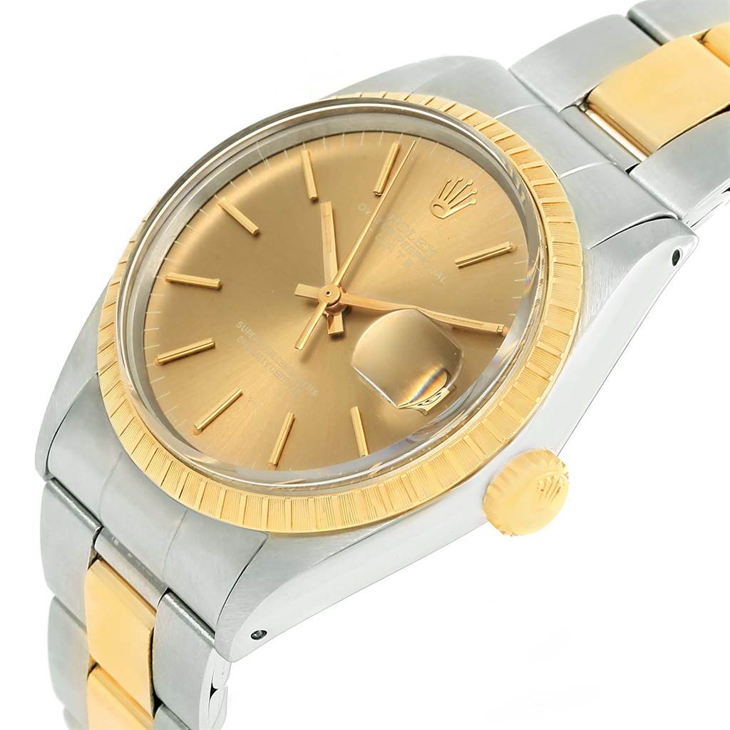 The image shows a Rolex Vintage Collection 1505 Men's Steel and Gold (two tone) Champagne Dial 1505 Men's Steel and Gold (two tone) Champagne Dial watch at a slight angle, highlighting the gold and silver bezel, dial, crown, and bracelet.