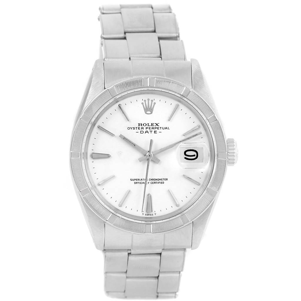 The image shows a front view of the Rolex Vintage Collection 1501 Men's Stainless Steel White Dial 1501 Men's Stainless Steel White Dial Oyster Perpetual Date watch, displaying its face, bezel, and bracelet.