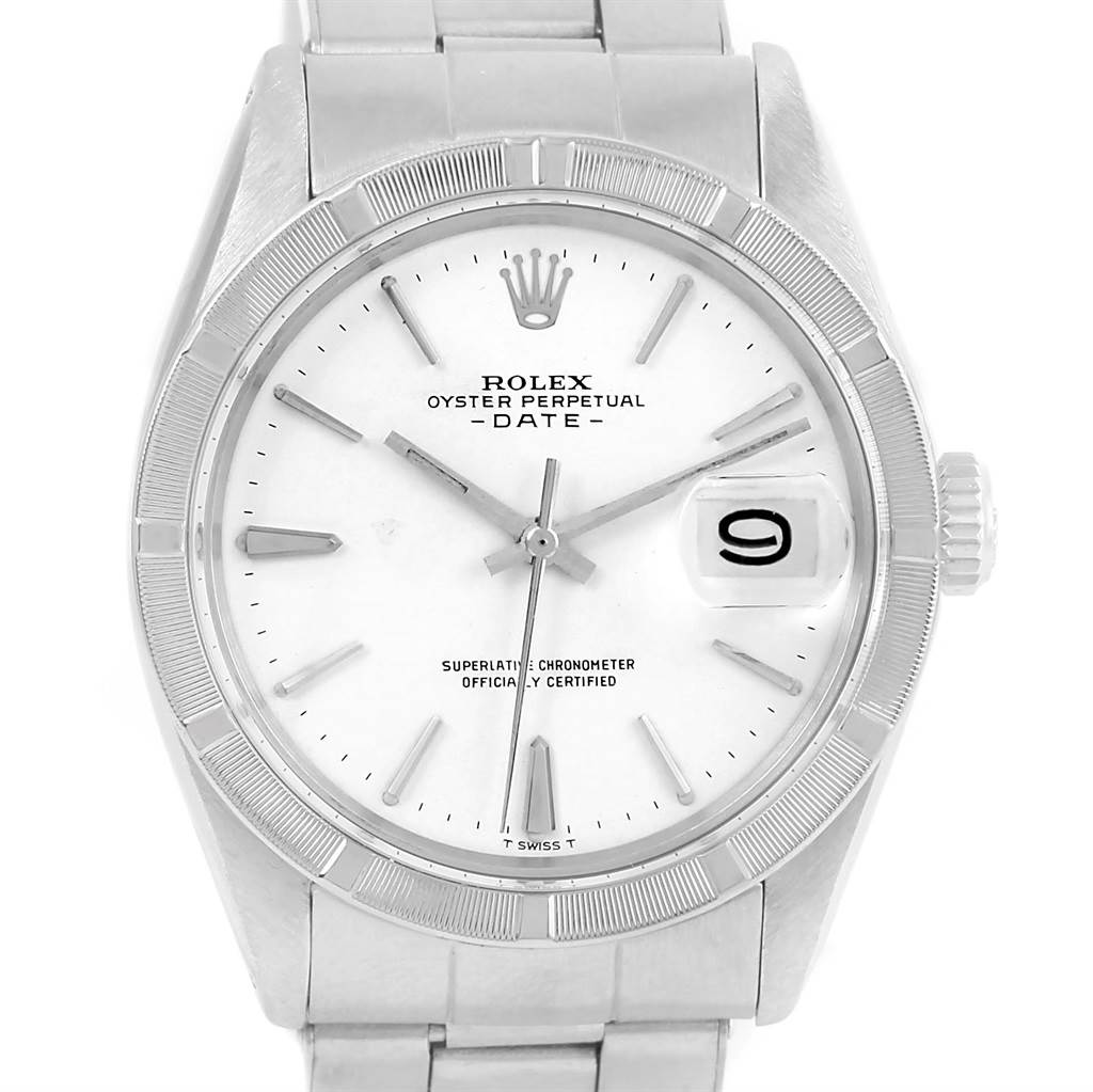 This image shows a front angle view of a Rolex Vintage Collection 1501 Men's Stainless Steel White Dial 1501 Men's Stainless Steel White Dial Oyster Perpetual Date watch, highlighting its dial and bezel.