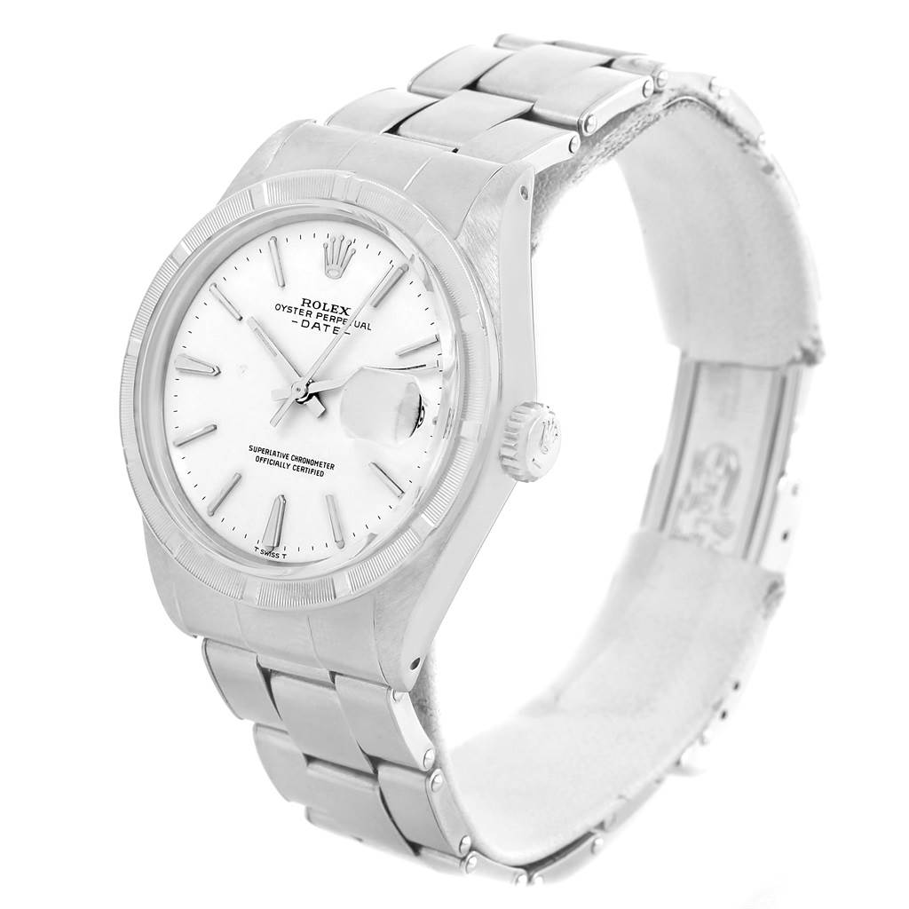 This image shows a front right-side angled view of a Rolex Vintage Collection 1501 Men's Stainless Steel White Dial 1501 Men's Stainless Steel White Dial watch, capturing its face, bezel, crown, and bracelet.