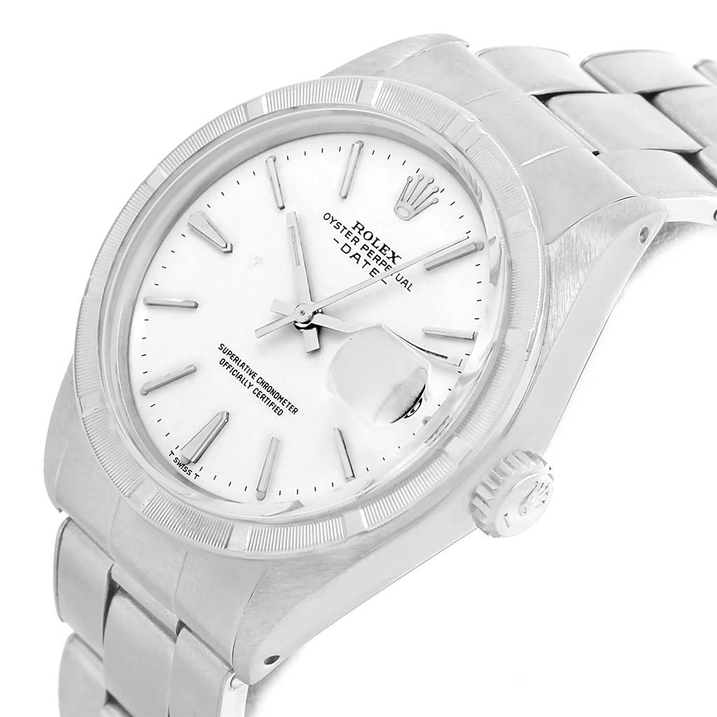 This image shows a close-up angled view of the Rolex Vintage Collection 1501 Men's Stainless Steel White Dial 1501 Men's Stainless Steel White Dial model, highlighting the watch face, bezel, and bracelet.