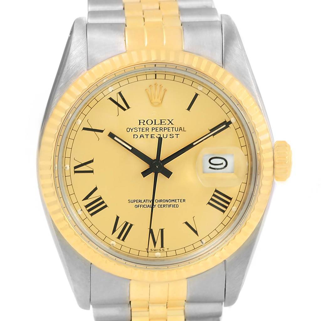 This Rolex Vintage Collection 16013 Men's Stainless Steel Champagne Dial 16013 Men's Stainless Steel Champagne Dial Datejust model is shown from a front angle, displaying the dial, bezel, hands, and part of the bracelet.
