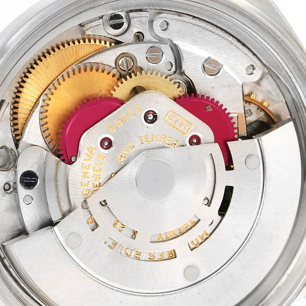This image shows the intricate internal mechanical parts of the Rolex Vintage Collection 1601 Men's Stainless Steel Champagne Dial 1601 Men's Stainless Steel Champagne Dial watch from a close-up, top-down angle.