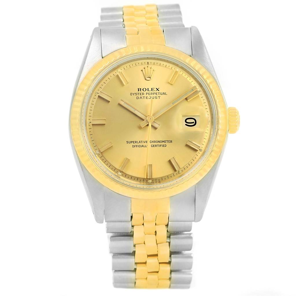 The image shows a front view of the Rolex Vintage Collection 1601 Men's Stainless Steel Champagne Dial 1601 Men's Stainless Steel Champagne Dial Oyster Perpetual Datejust watch, highlighting its gold dial and two-tone band.