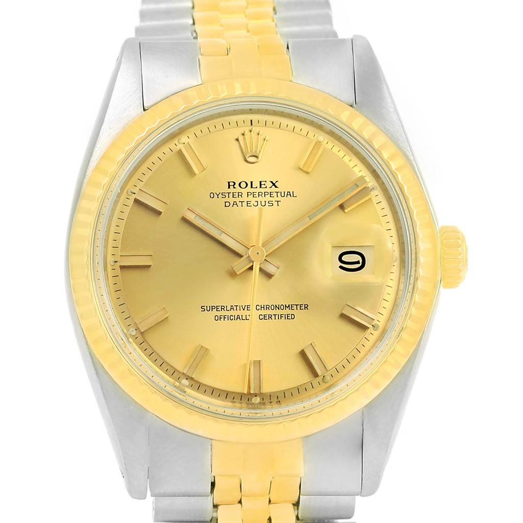 This image shows a close-up, front angle of the Rolex Vintage Collection 1601 Men's Stainless Steel Champagne Dial 1601 Men's Stainless Steel Champagne Dial Datejust watch, including its face, bezel, and bracelet.