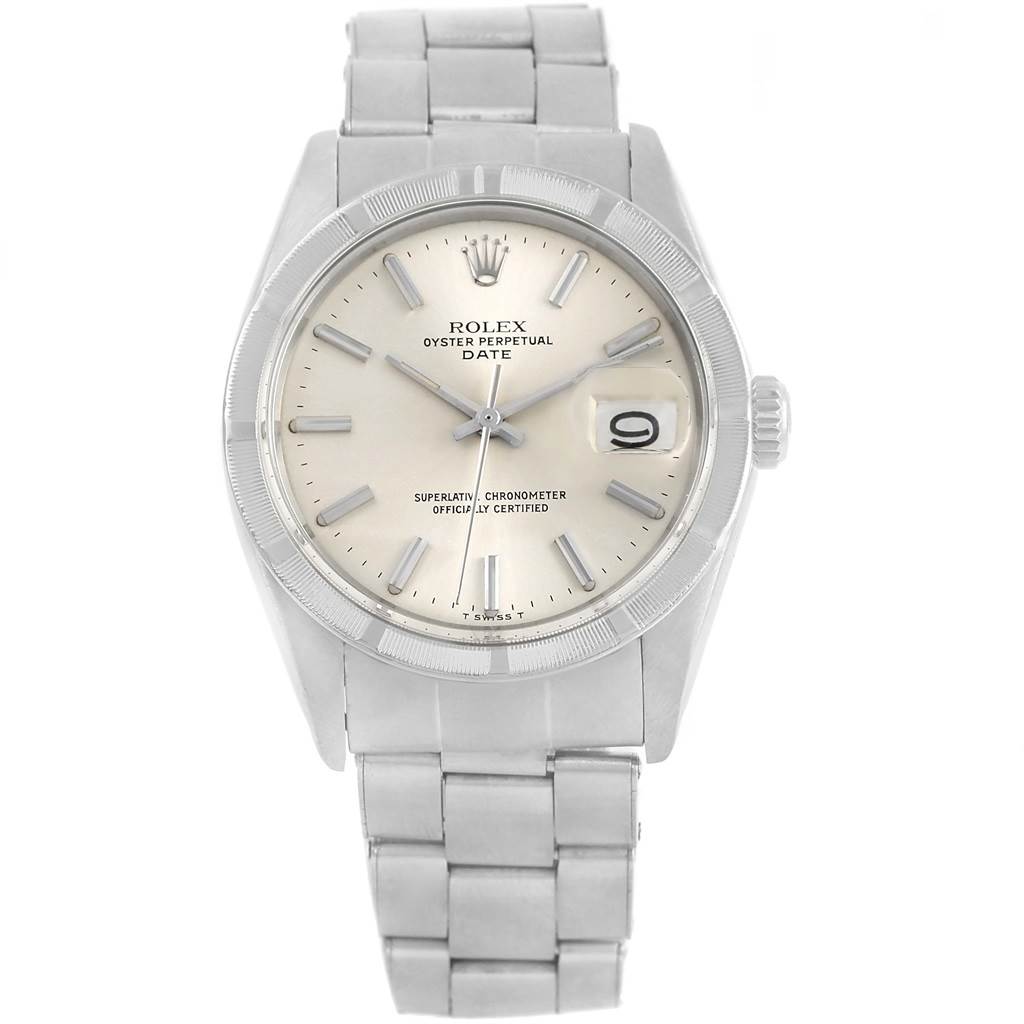 This image shows a front view of a Rolex Vintage Collection 1501 Men's Stainless Steel Silver Dial 1501 Men's Stainless Steel Silver Dial watch, displaying the face, bezel, and bracelet.