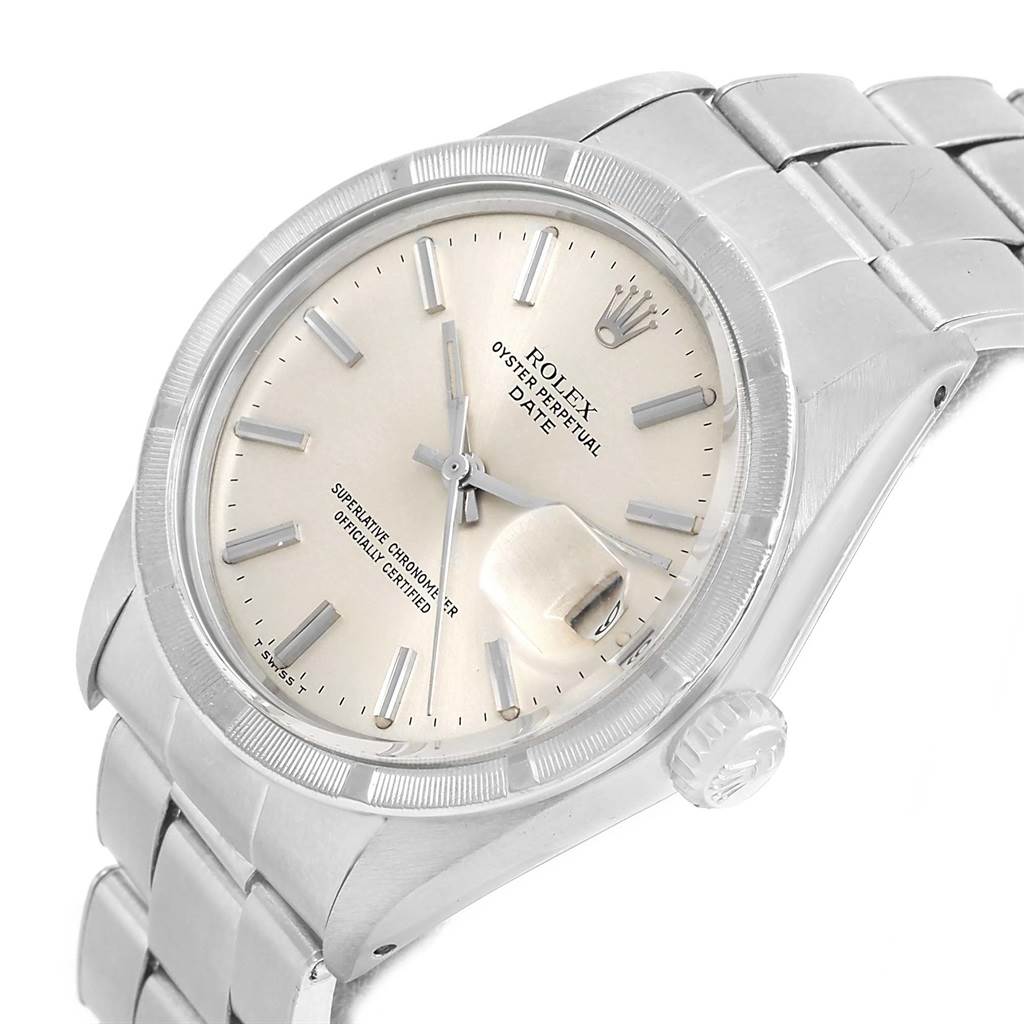The image shows a Rolex Vintage Collection 1501 Men's Stainless Steel Silver Dial 1501 Men's Stainless Steel Silver Dial Oyster Perpetual Date from a tilted angle, highlighting the face, crown, and bracelet.