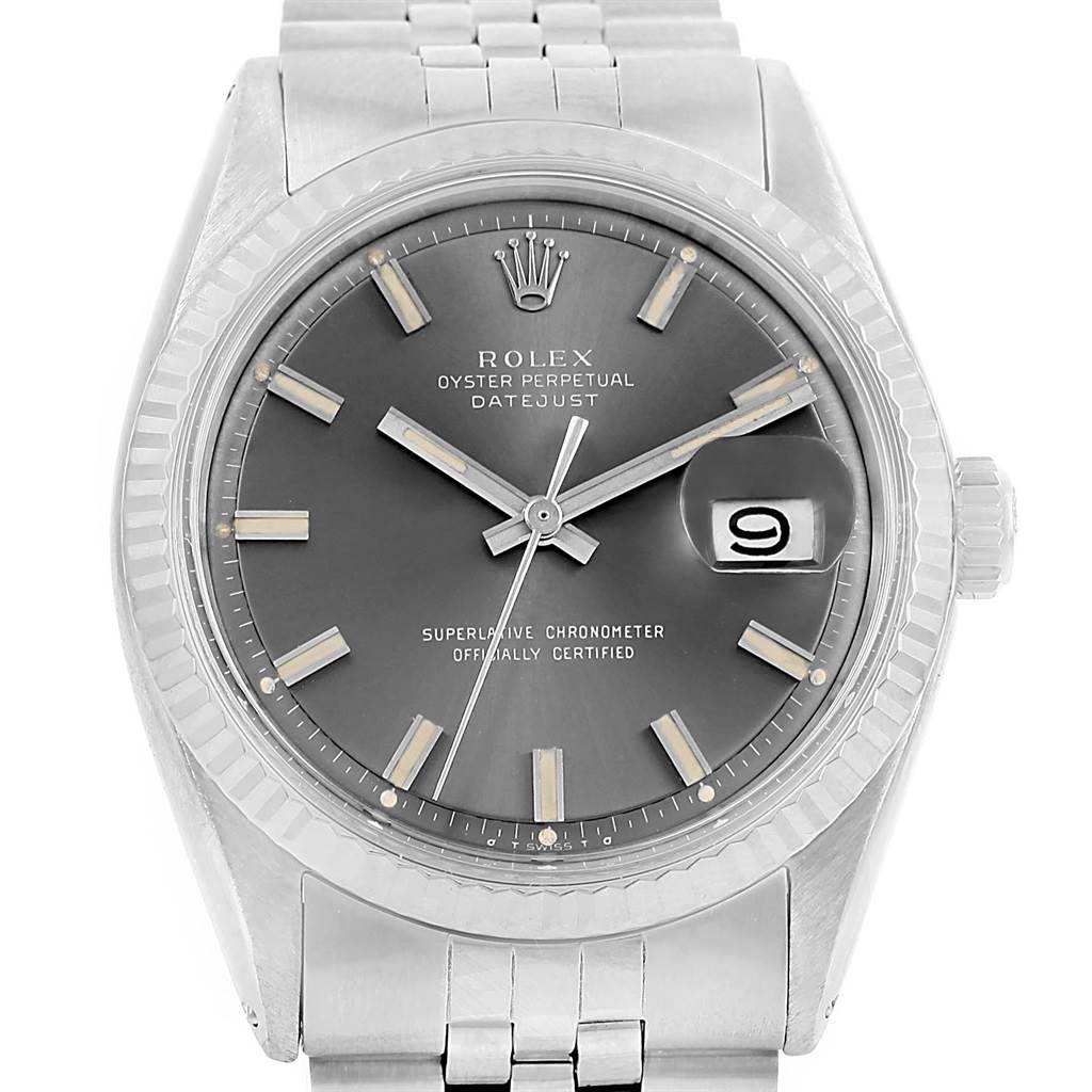 This image shows a front view of the Rolex Vintage Collection 1603 Men's Stainless Steel Grey Dial 1603 Men's Stainless Steel Grey Dial model, highlighting its dial, crown, bracelet, and date window.