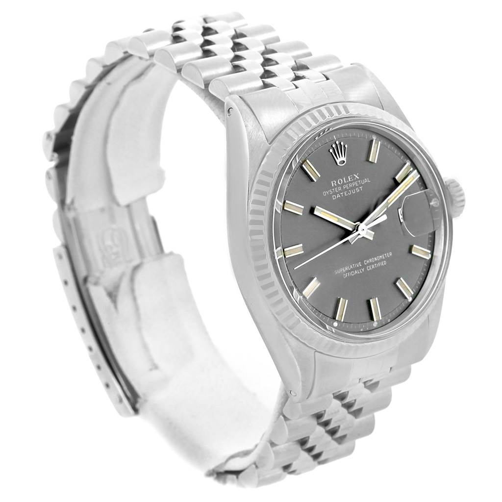The image shows a side angle of the Rolex Datejust Vintage Collection watch, highlighting the dial, bezel, and bracelet.