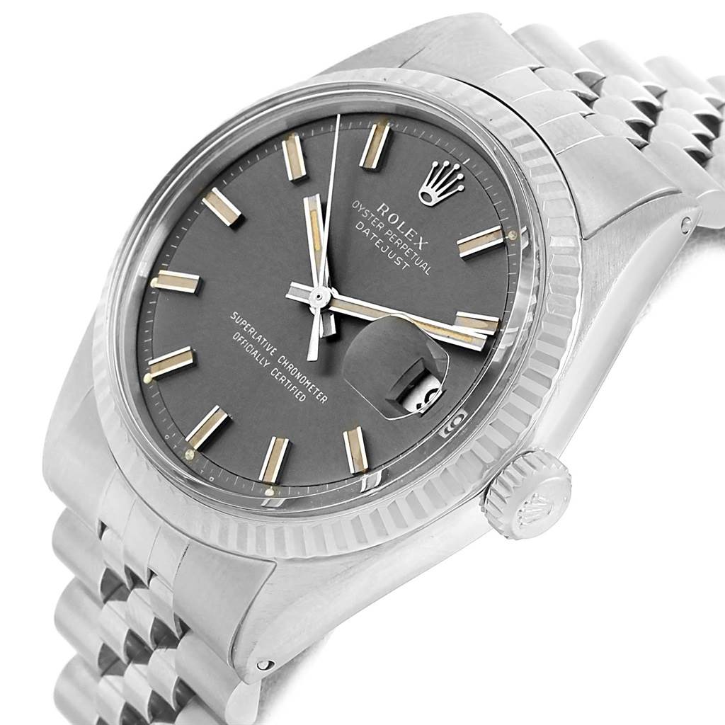 The image shows a close-up angled view of the Rolex Vintage Collection 1603 Men's Stainless Steel Grey Dial 1603 Men's Stainless Steel Grey Dial model, highlighting the dial, crown, and part of the bracelet.