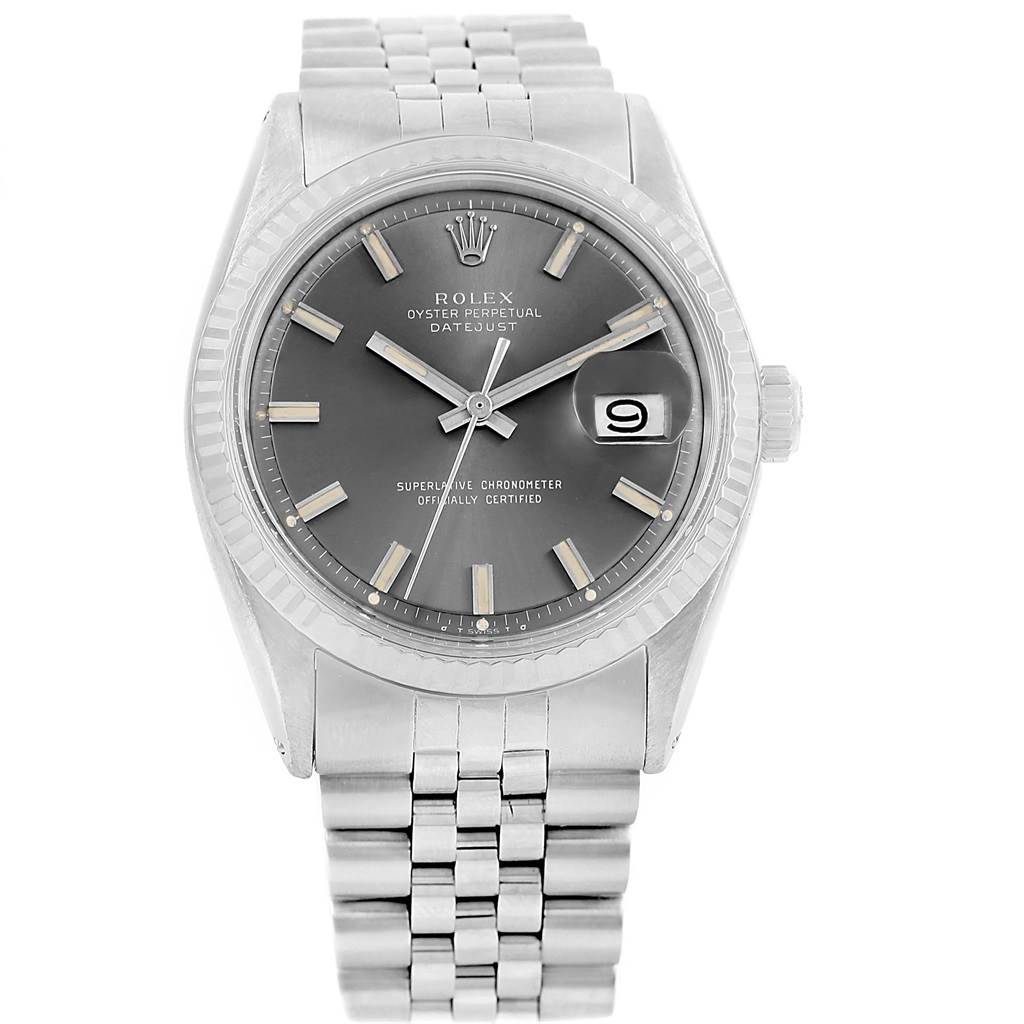 The image shows a front view of a Rolex Vintage Collection 1603 Men's Stainless Steel Grey Dial 1603 Men's Stainless Steel Grey Dial Oyster Perpetual Datejust watch, highlighting the dial, bezel, and bracelet.