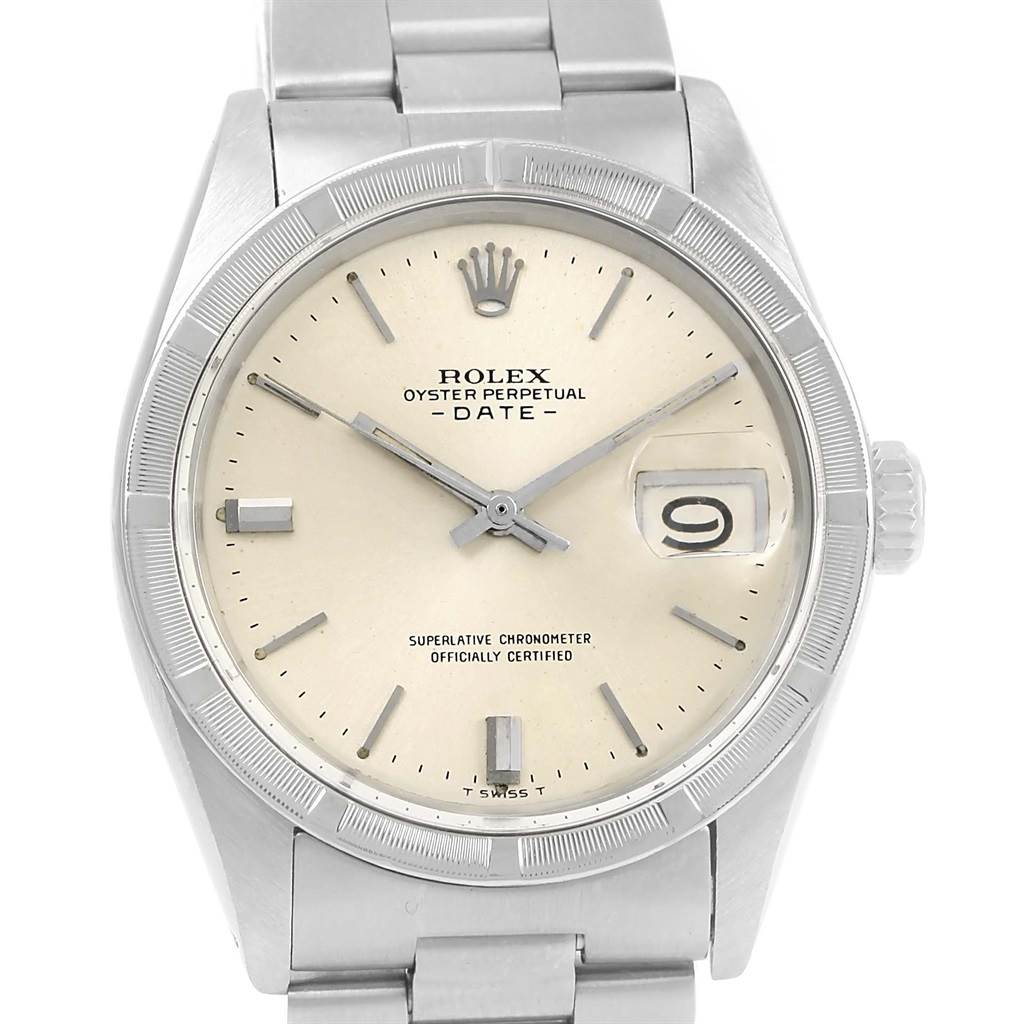 The image shows a Rolex Vintage Collection 1500 Men's Stainless Steel Silver Dial 1500 Men's Stainless Steel Silver Dial Oyster Perpetual Date watch from a front angle, highlighting its face and bezel.