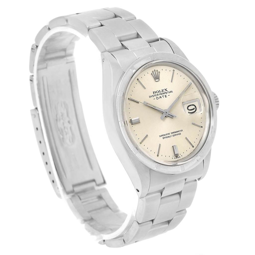 The image shows a Rolex Vintage Collection 1500 Men's Stainless Steel Silver Dial 1500 Men's Stainless Steel Silver Dial watch angled to display the face, bezel, bracelet, and partially open clasp.