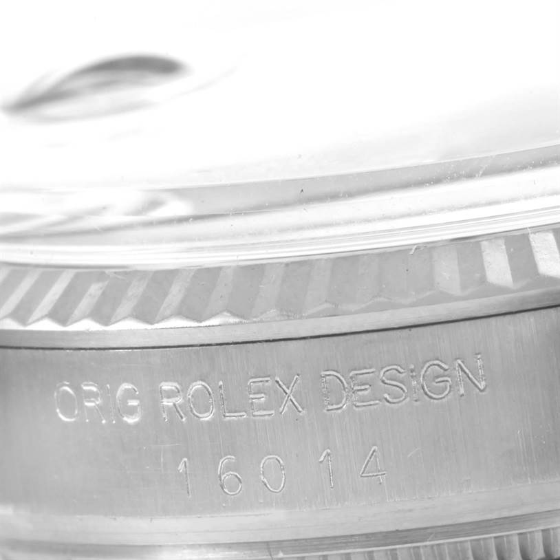 The image shows a close-up of the case side and bezel of a Rolex Vintage Collection 16014 Men's Stainless Steel Silver Dial 16014 Men's Stainless Steel Silver Dial model watch, displaying its design and model number "16014."
