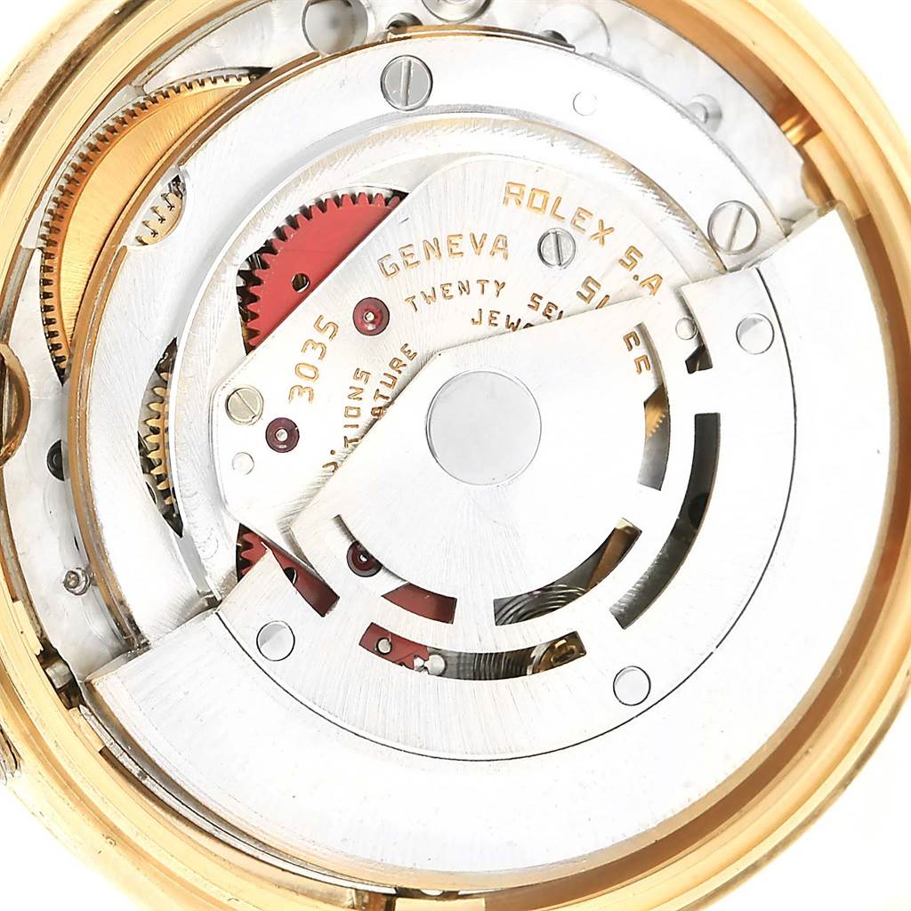 This image shows the intricate internal mechanical movement of the Rolex Vintage Collection 15037 Men's Yellow Gold Silver Dial 15037 Men's Yellow Gold Silver Dial watch, model 3035, viewed from the back.