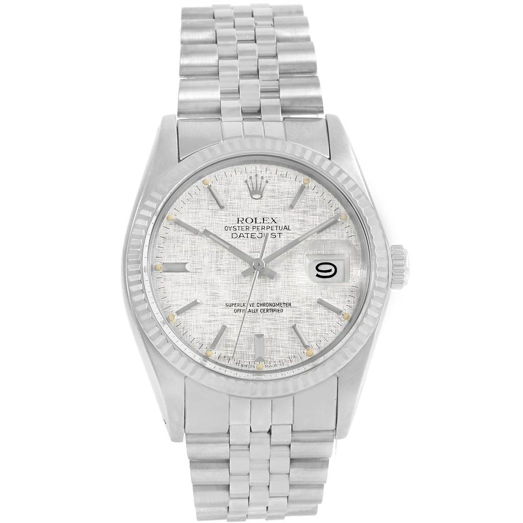 The image shows a front view of a Rolex Vintage Collection 16014 Men's Stainless Steel Silver Dial 16014 Men's Stainless Steel Silver Dial Oyster Perpetual Datejust watch, displaying its face and bracelet.