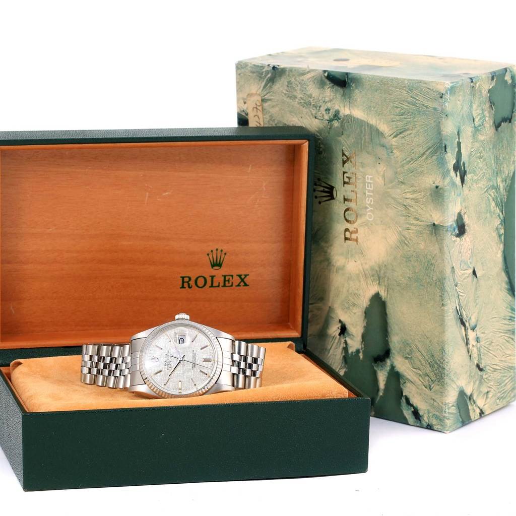 The image shows a Rolex Vintage Collection 16014 Men's Stainless Steel Silver Dial 16014 Men's Stainless Steel Silver Dial watch lying inside its open box, with the outer packaging displayed beside it.