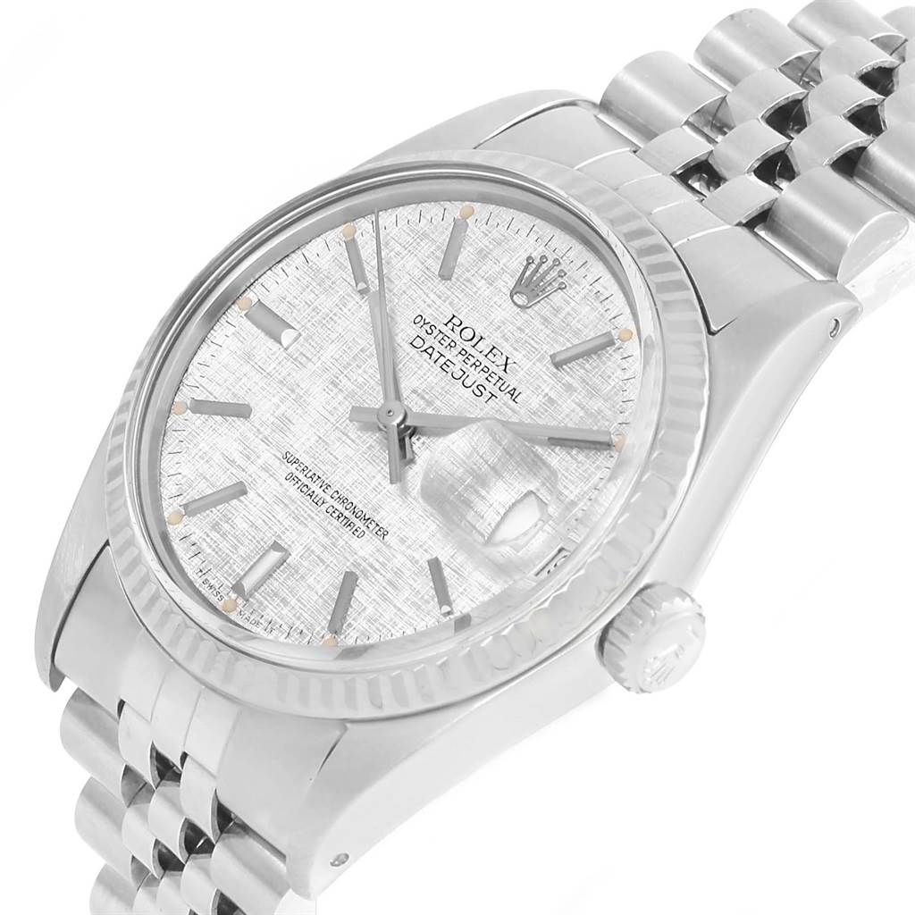 The image shows a Rolex Vintage Collection 16014 Men's Stainless Steel Silver Dial 16014 Men's Stainless Steel Silver Dial Datejust watch angled to display its face, bezel, crown, and part of the bracelet.