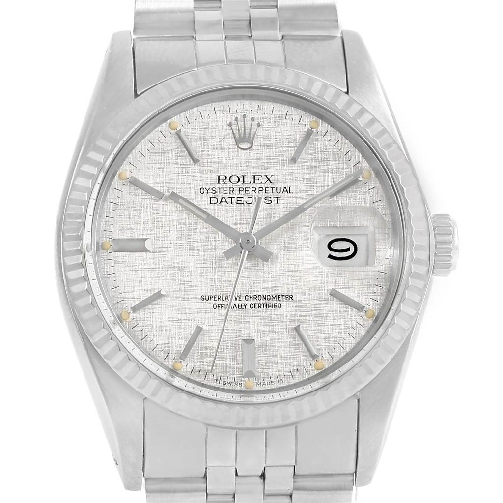 The image shows a frontal view of the Rolex Vintage Collection 16014 Men's Stainless Steel Silver Dial 16014 Men's Stainless Steel Silver Dial model watch, displaying the face, bezel, crown, and part of the bracelet.