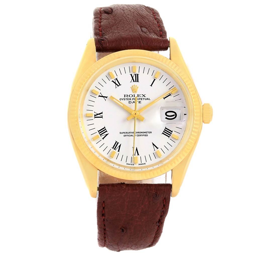 This image shows a front view of the Rolex Vintage Collection 1503 Men's Yellow Gold White Dial 1503 Men's Yellow Gold White Dial watch, featuring its dial, bezel, crown, and leather strap.