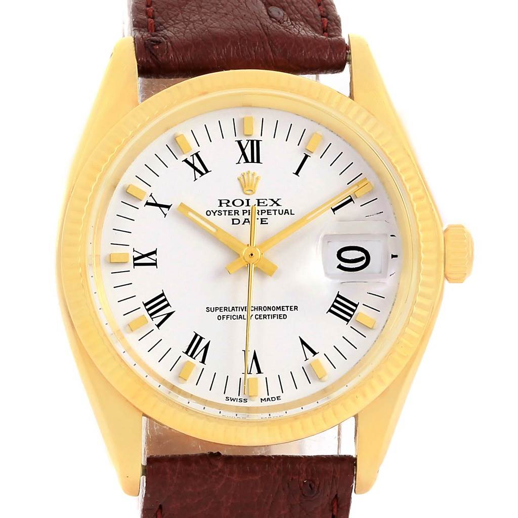 The image shows a frontal view of a Rolex Vintage Collection 1503 Men's Yellow Gold White Dial 1503 Men's Yellow Gold White Dial Oyster Perpetual Date watch with a brown leather strap.