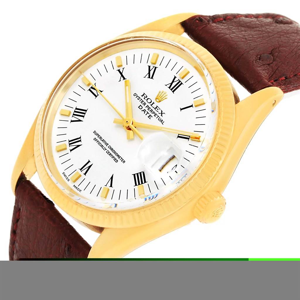 This side angle view shows the face, bezel, and crown of the Rolex Vintage Collection 1503 Men's Yellow Gold White Dial 1503 Men's Yellow Gold White Dial watch.