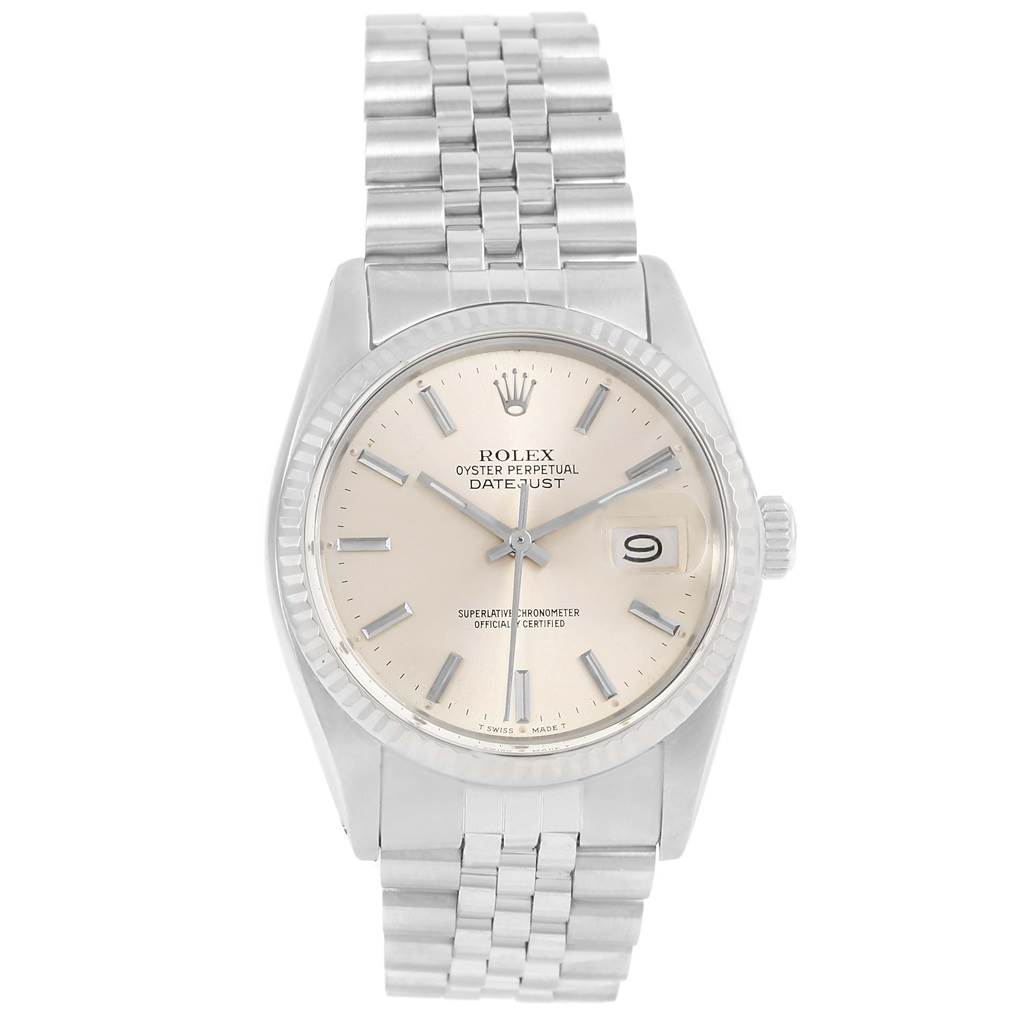 This image shows a front view of a Vintage Collection Rolex Datejust watch, displaying its dial, bezel, and bracelet.