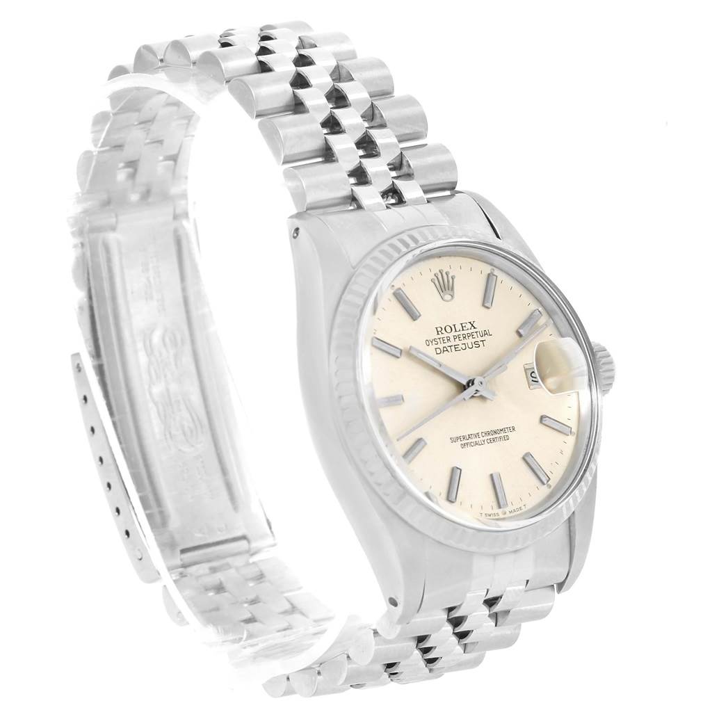 The image shows a Rolex Vintage Collection 16014 Men's Stainless Steel Silver Dial 16014 Men's Stainless Steel Silver Dial Datejust watch from a three-quarter angle, highlighting the dial, bezel, and bracelet.