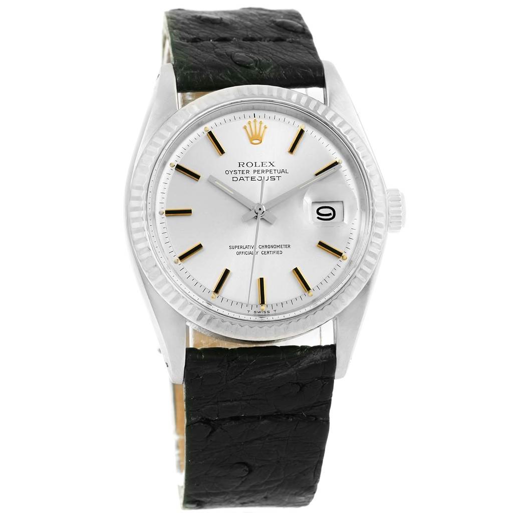 This is a front view of a Rolex Vintage Collection 1601 Men's Stainless Steel Black Dial 1601 Men's Stainless Steel Black Dial Oyster Perpetual Datejust watch, showing its dial, bezel, and strap.
