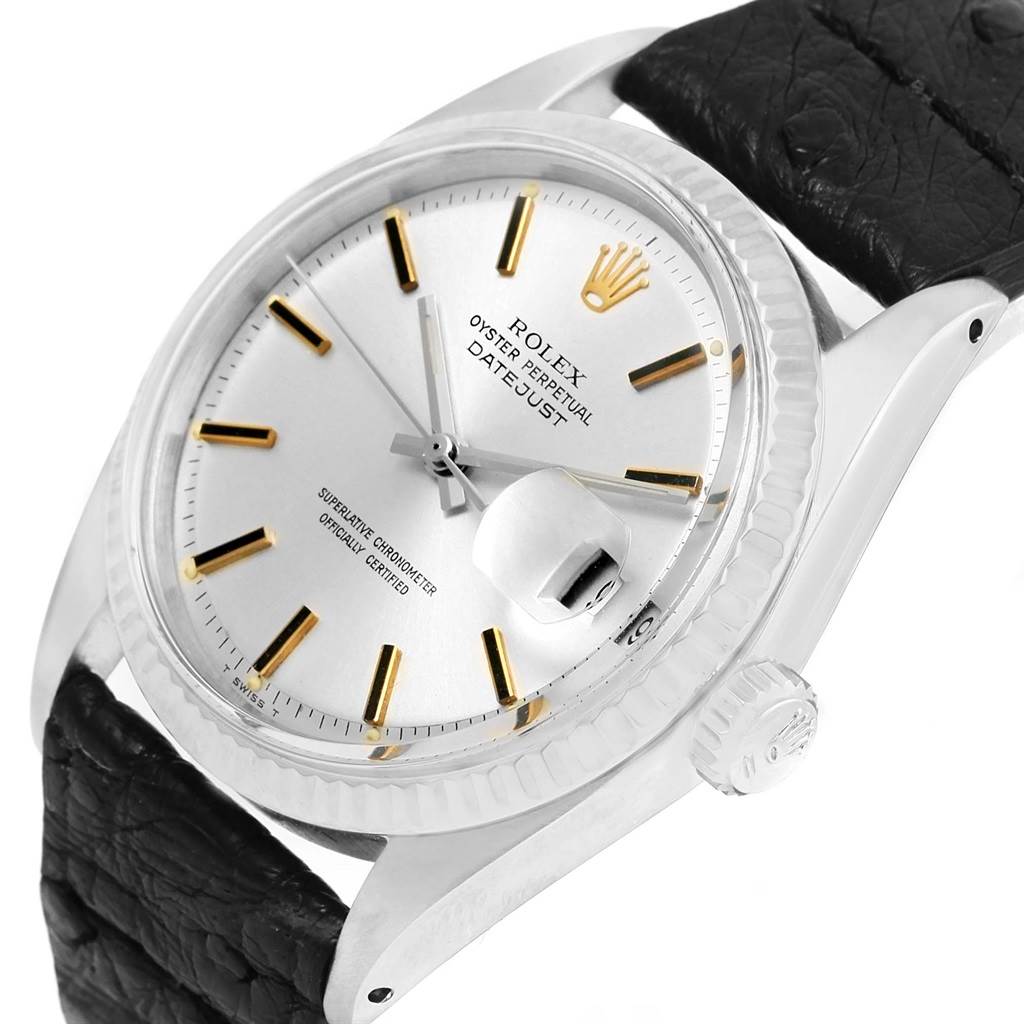 This is a close-up angle of the Rolex Vintage Collection 1601 Men's Stainless Steel Black Dial 1601 Men's Stainless Steel Black Dial Oyster Perpetual Datejust watch, showing the dial, case, and part of the strap.