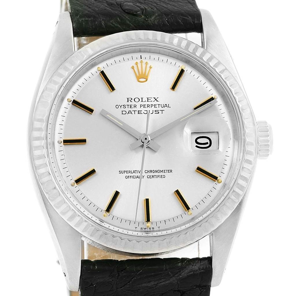 This image shows a Rolex Vintage Collection 1601 Men's Stainless Steel Black Dial 1601 Men's Stainless Steel Black Dial Datejust watch from a front angle, highlighting the dial, bezel, and part of the strap.