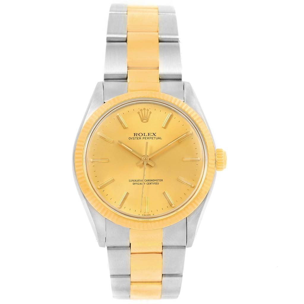 This image shows a front-facing angle of the Rolex Vintage Collection 1005 Men's Steel and Gold (two tone) Champagne Dial 1005 Men's Steel and Gold (two tone) Champagne Dial model, displaying the dial, bezel, and bracelet in gold and silver tones.