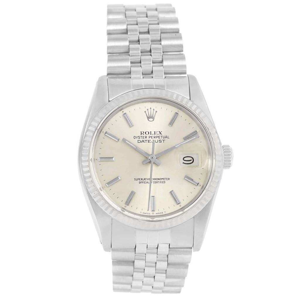This image shows a frontal view of the Rolex Vintage Collection 16014 Men's Stainless Steel Silver Dial 16014 Men's Stainless Steel Silver Dial Datejust watch, featuring the dial, bracelet, and crown.