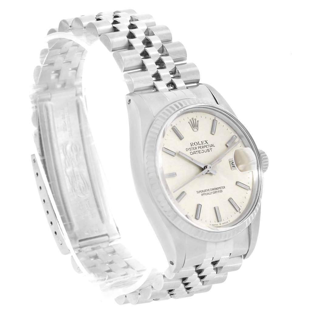 This image shows a Rolex Vintage Collection 16014 Men's Stainless Steel Silver Dial 16014 Men's Stainless Steel Silver Dial watch at an angle highlighting the dial, bezel, and bracelet.