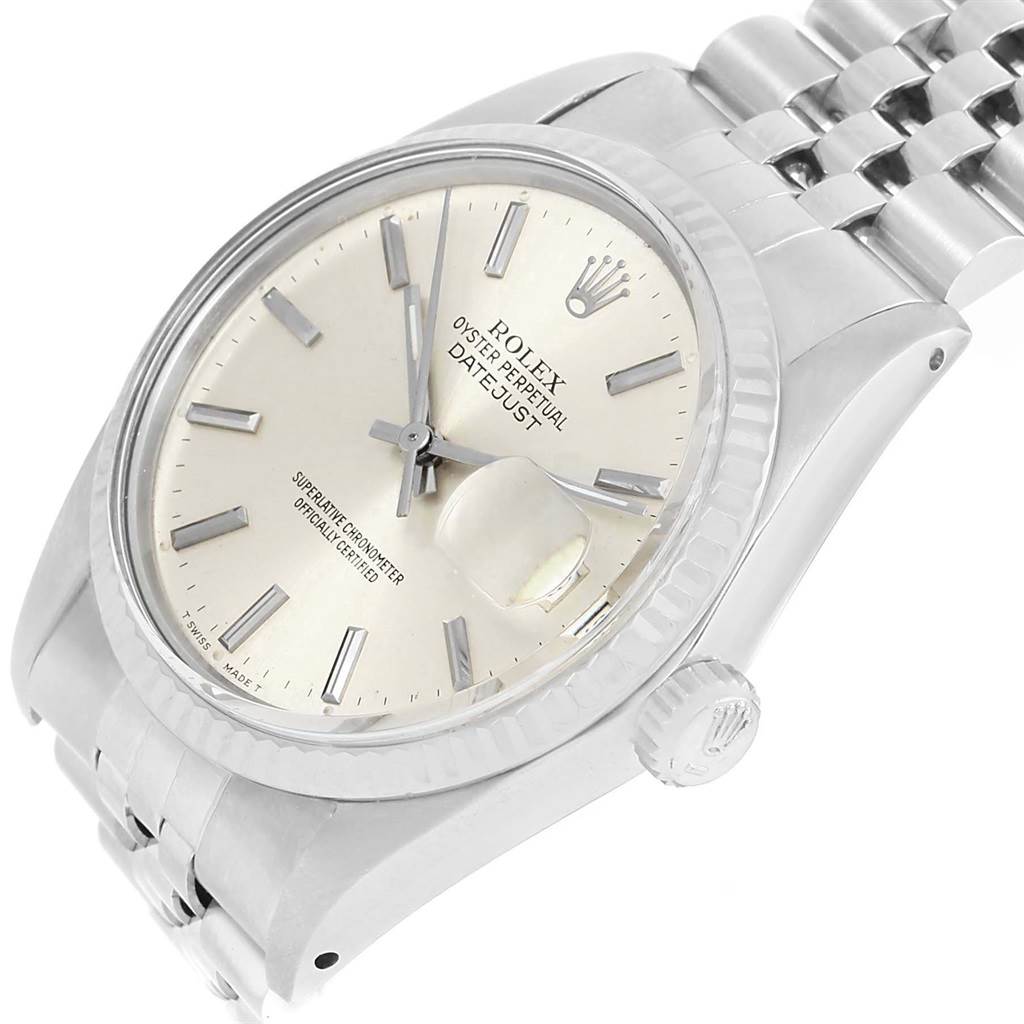 The Rolex Vintage Collection 16014 Men's Stainless Steel Silver Dial 16014 Men's Stainless Steel Silver Dial Datejust model is shown at a three-quarter angle, highlighting the face, bezel, crown, and part of the bracelet.